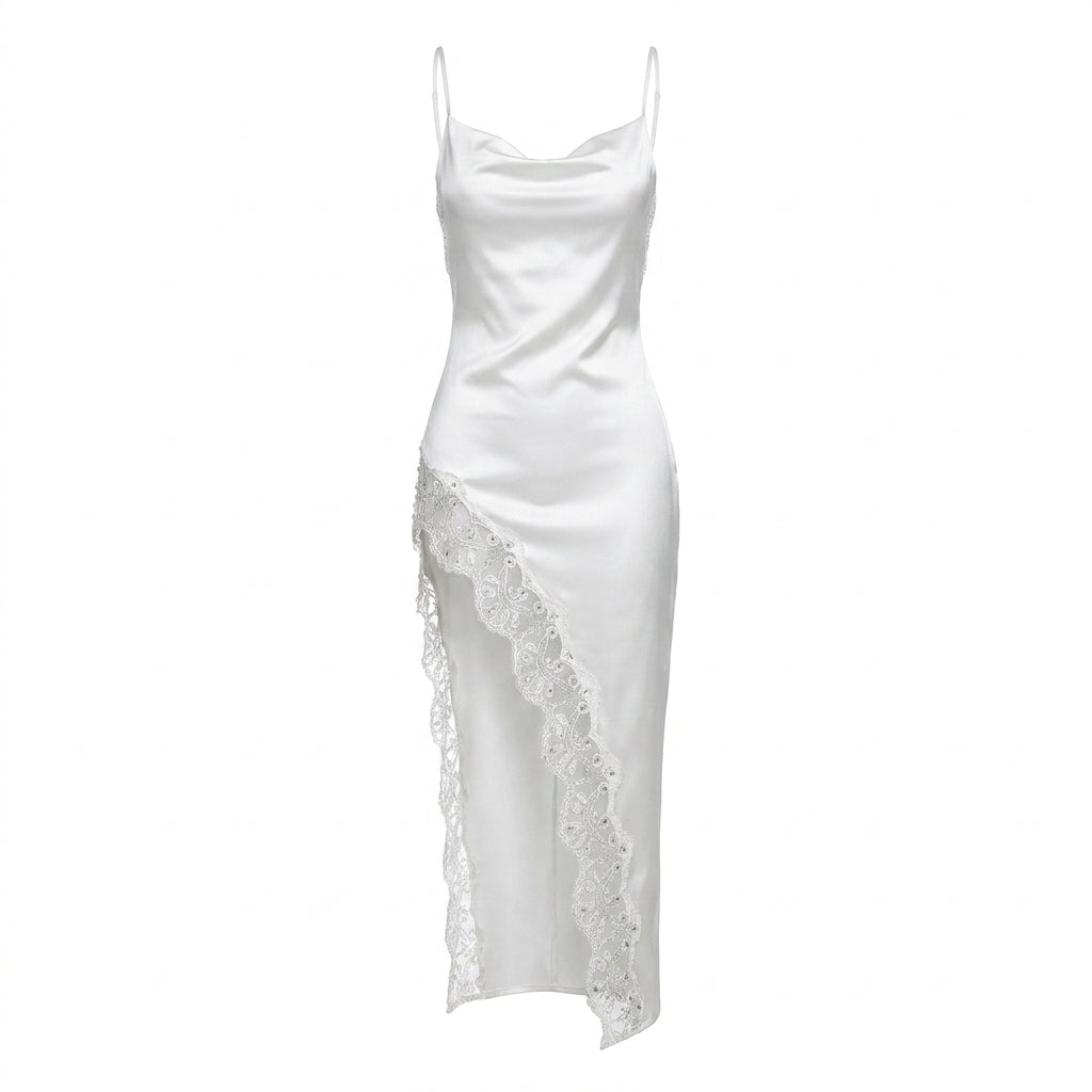 Satin Lace Trim Side Slit Midi Slip Dress