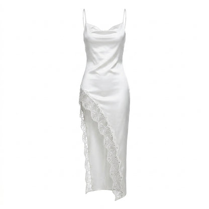 Satin Lace Trim Side Slit Midi Slip Dress