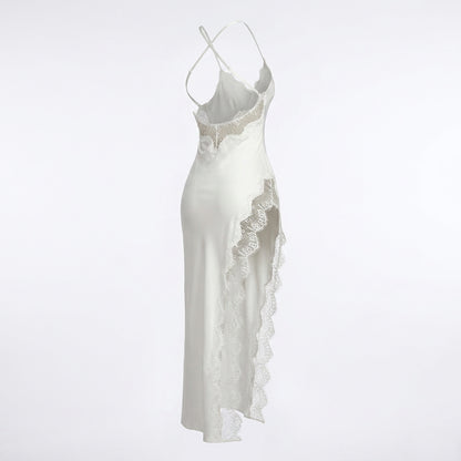 Satin Lace Trim Side Slit Midi Slip Dress