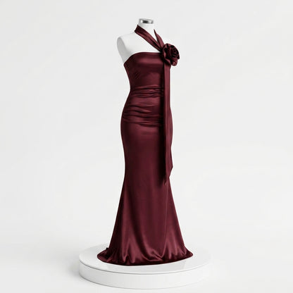 Satin One Shoulder Flower Detail Maxi Dress