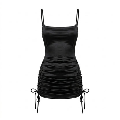 Satin Ruched Side Tie Cocktail Mini Dress