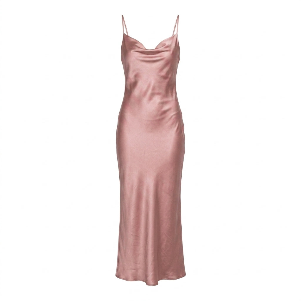 Satin Cowl Neck Slip Cocktail Maxi Dress