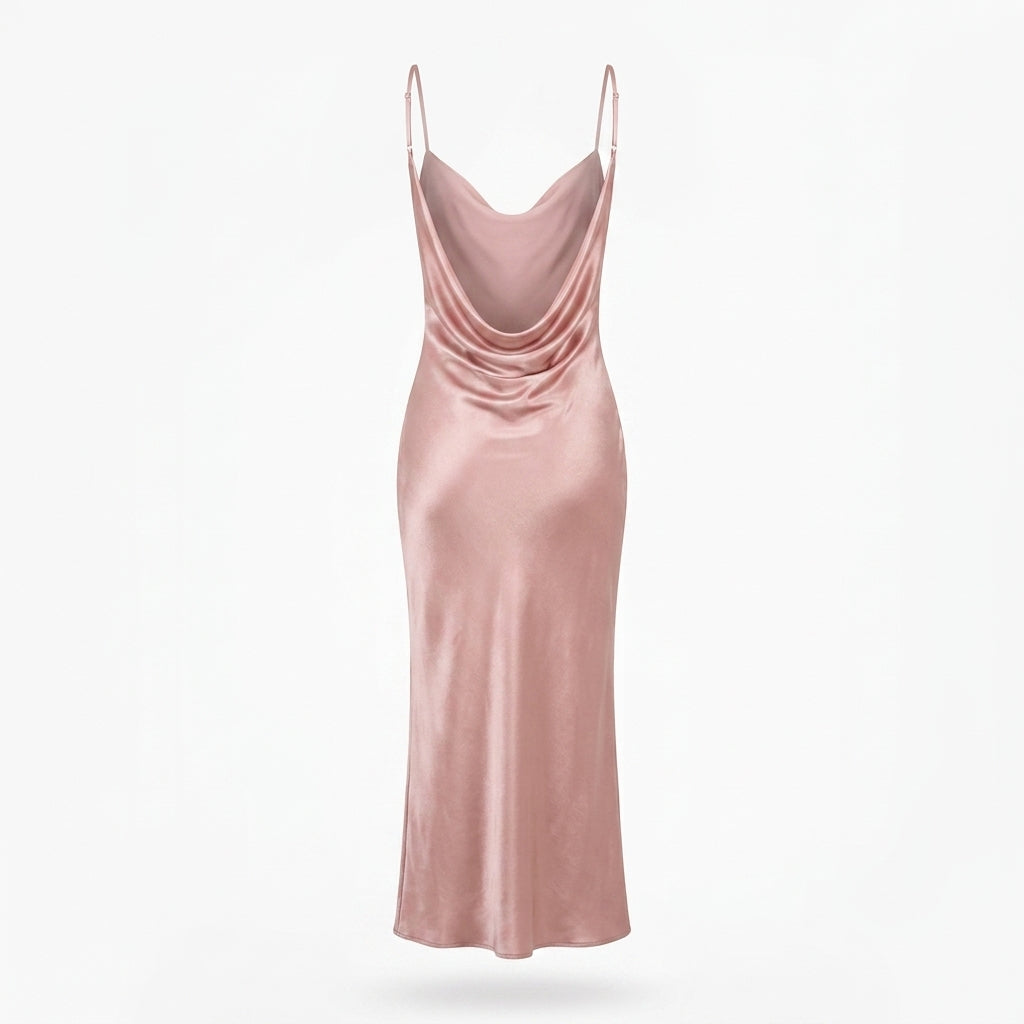 Satin Cowl Neck Slip Cocktail Maxi Dress