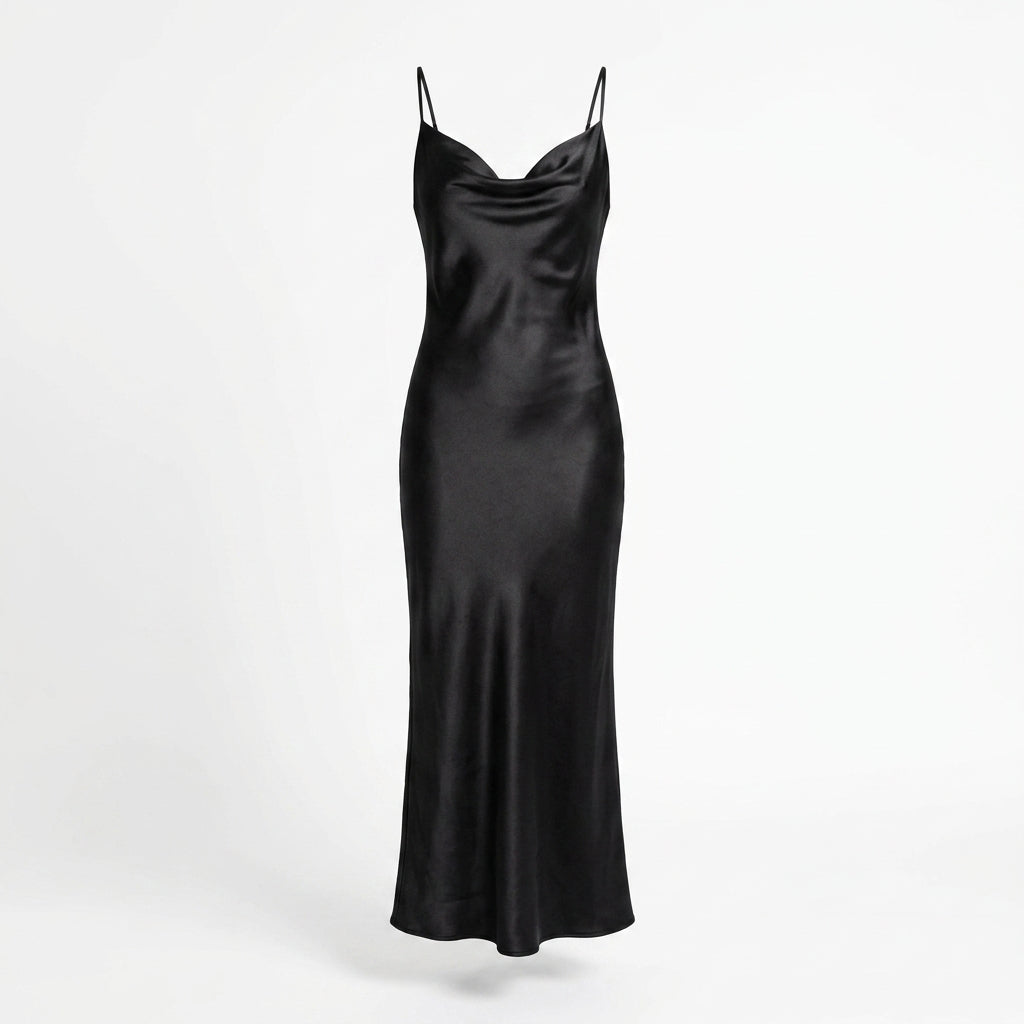 Satin Cowl Neck Slip Cocktail Maxi Dress