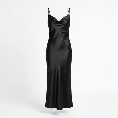 Satin Cowl Neck Slip Cocktail Maxi Dress