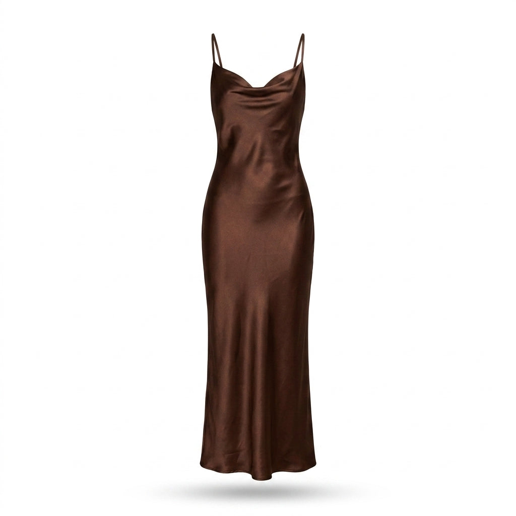 Satin Cowl Neck Slip Cocktail Maxi Dress