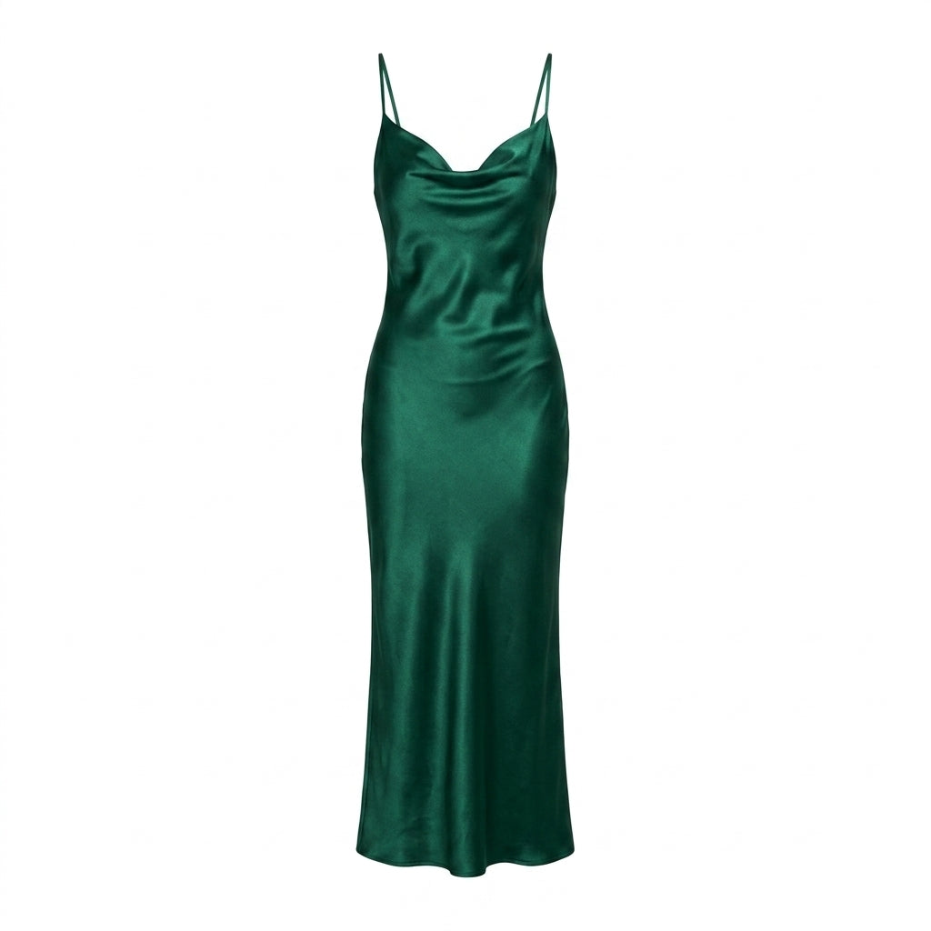 Satin Cowl Neck Slip Cocktail Maxi Dress