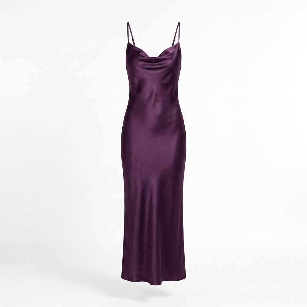 Satin Cowl Neck Slip Cocktail Maxi Dress