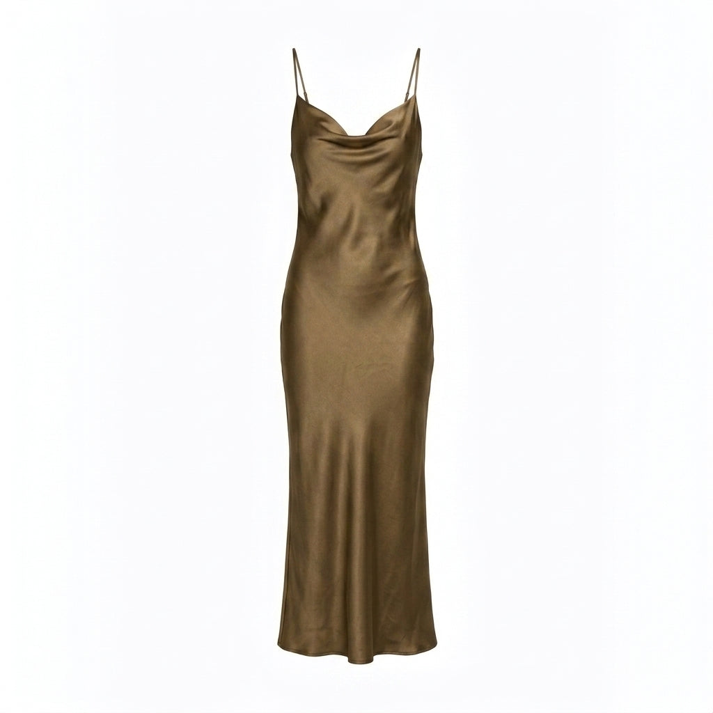 Satin Cowl Neck Slip Cocktail Maxi Dress