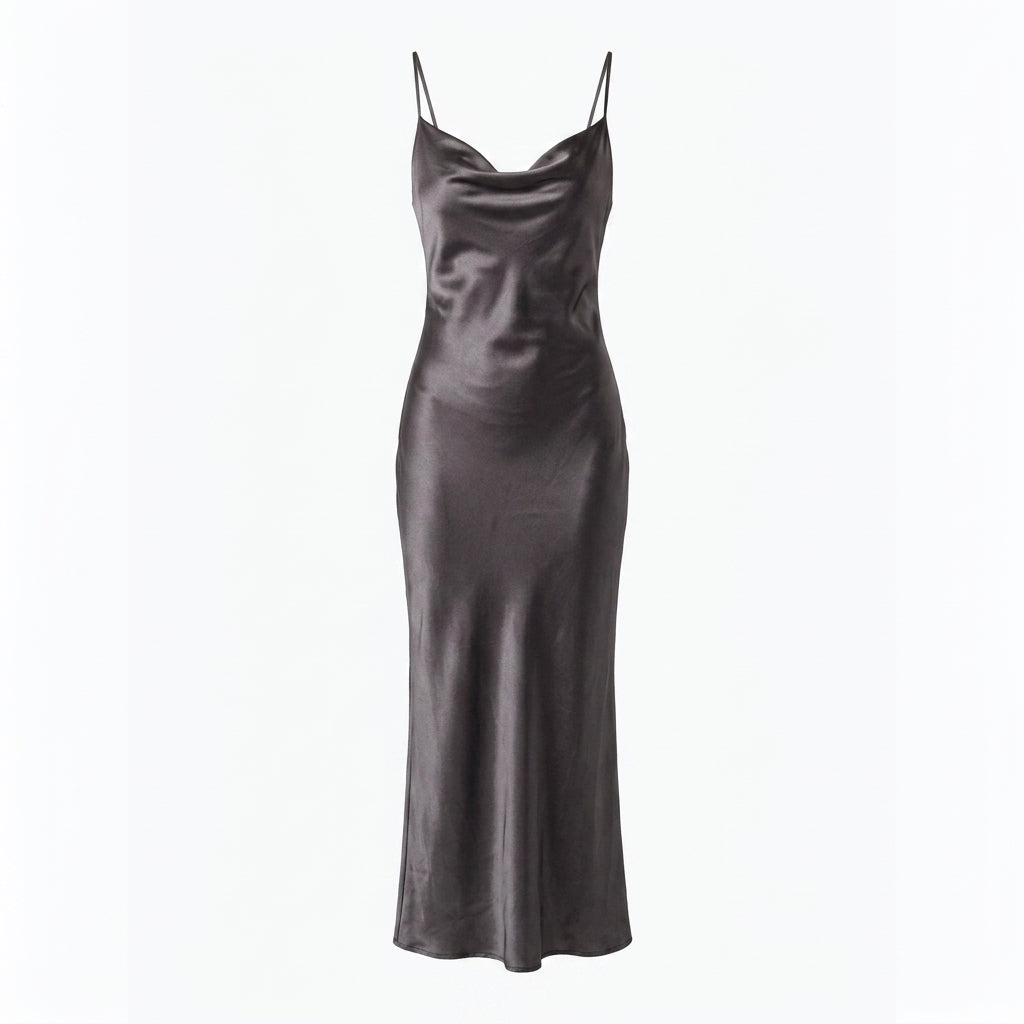 Satin Cowl Neck Slip Cocktail Maxi Dress