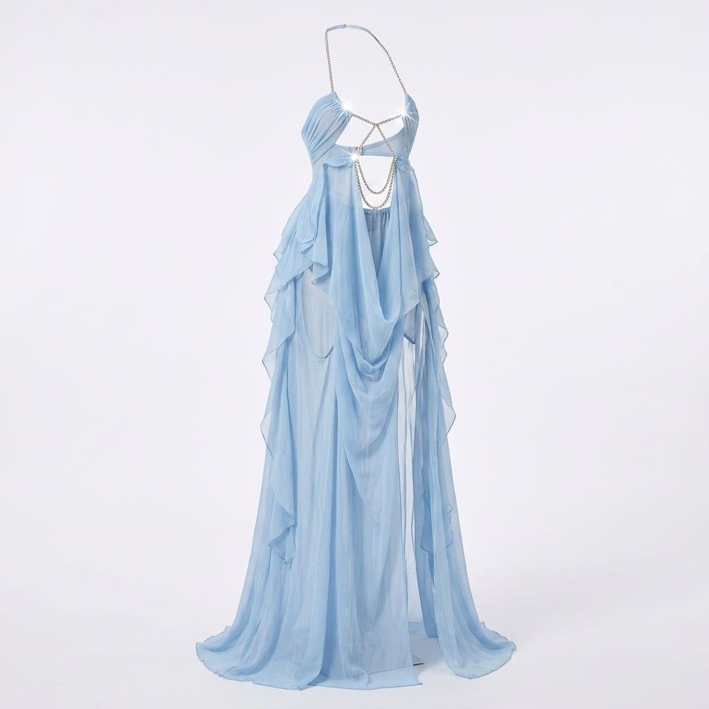 Chiffon Cutout Draped Overlay Resort Maxi Dress