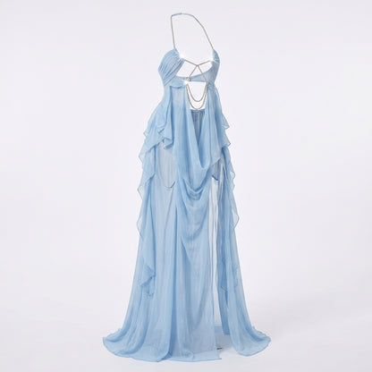 Chiffon Cutout Draped Overlay Resort Maxi Dress