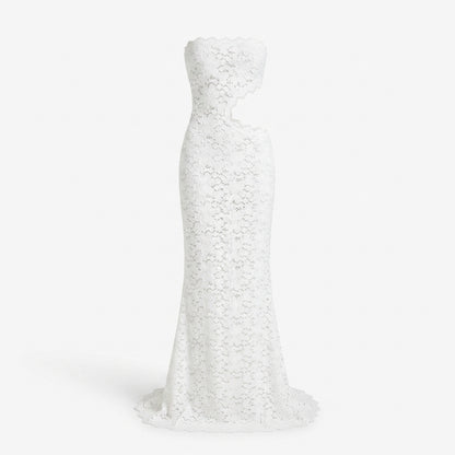 Strapless Lace Waist Cutout Mermaid Maxi Dress