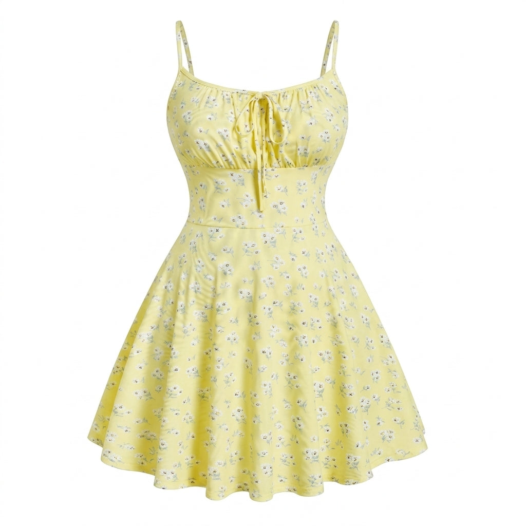 Floral Print Spaghetti Strap Tie Front A Line Mini Dress