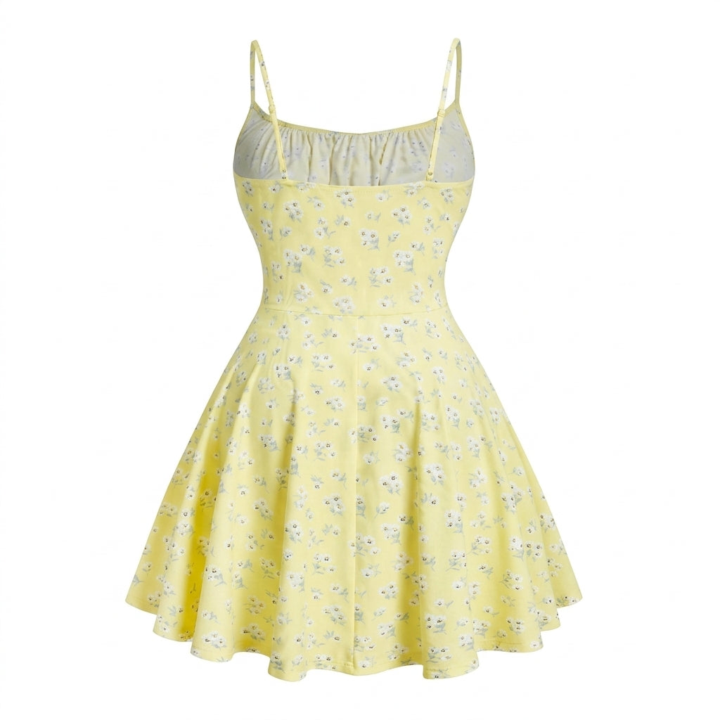 Floral Print Spaghetti Strap Tie Front A Line Mini Dress