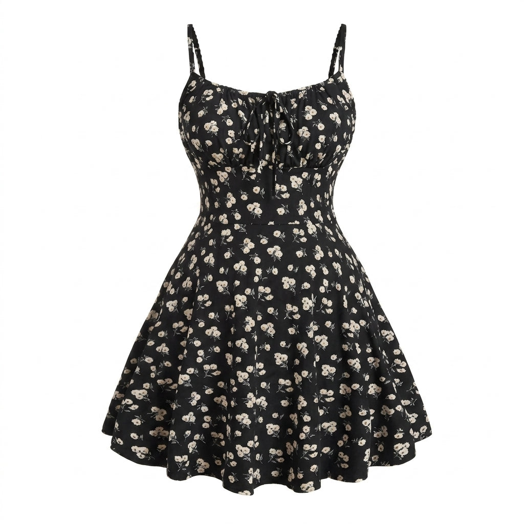 Floral Print Spaghetti Strap Tie Front A Line Mini Dress