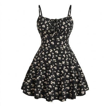 Floral Print Spaghetti Strap Tie Front A Line Mini Dress
