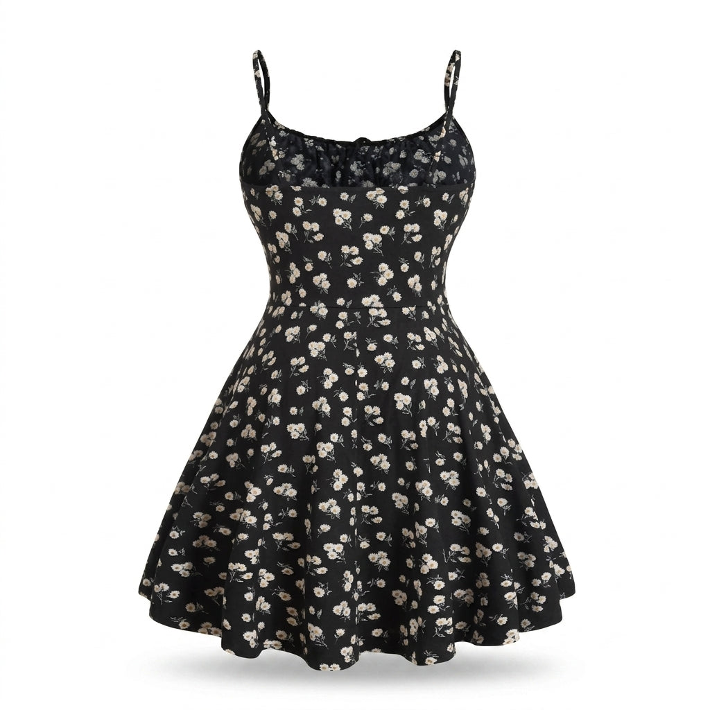 Floral Print Spaghetti Strap Tie Front A Line Mini Dress