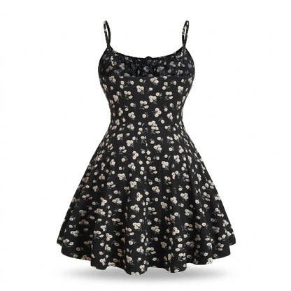 Floral Print Spaghetti Strap Tie Front A Line Mini Dress