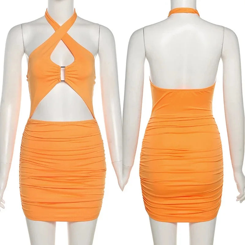 Halter Neck Criss Cross Cutout Ruched Mini Dress