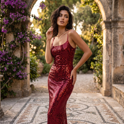 Spaghetti Strap Glitter Bodycon Midi Dress