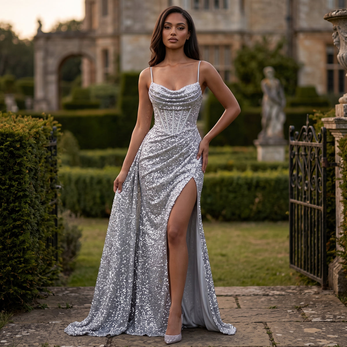 Spaghetti Strap Cowl Neck Corset Glitter High Slit Maxi Dress