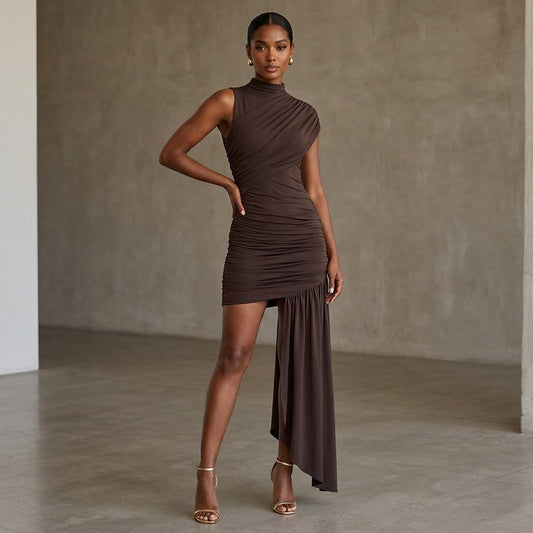 Sleeveless Mock Neck Draped Asymmetric Mini Dress