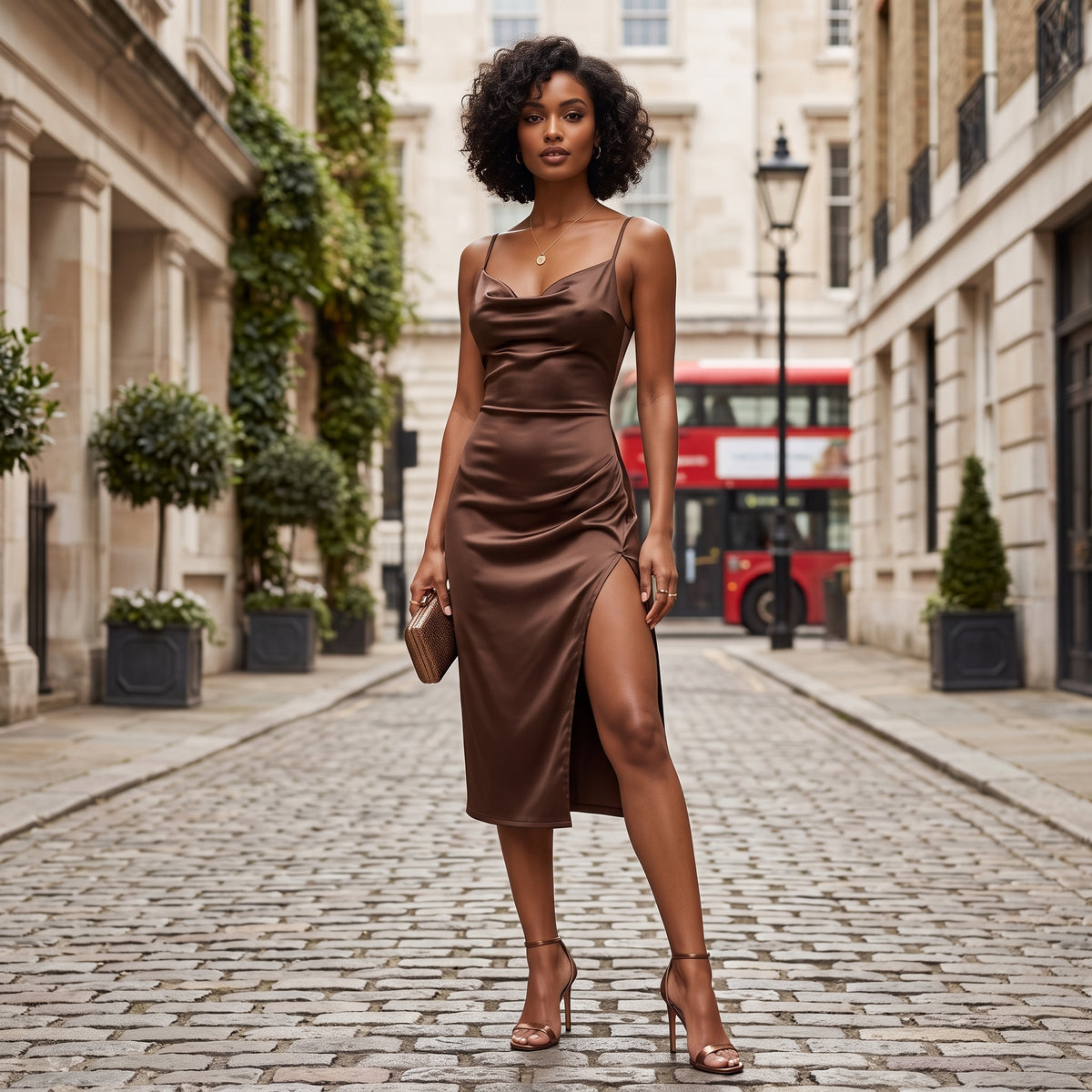 Satin Cowl Neck Ruched Side Slit Mini Dress