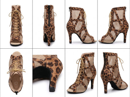 Safari Lace Up Leopard Print Mesh Heeled Booties