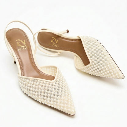 Amara Pearl Embellished Mesh Slingback Heels