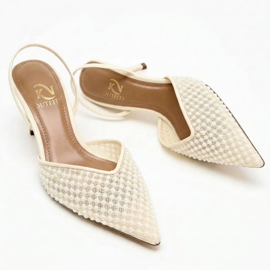 Amara Pearl Embellished Mesh Slingback Heels