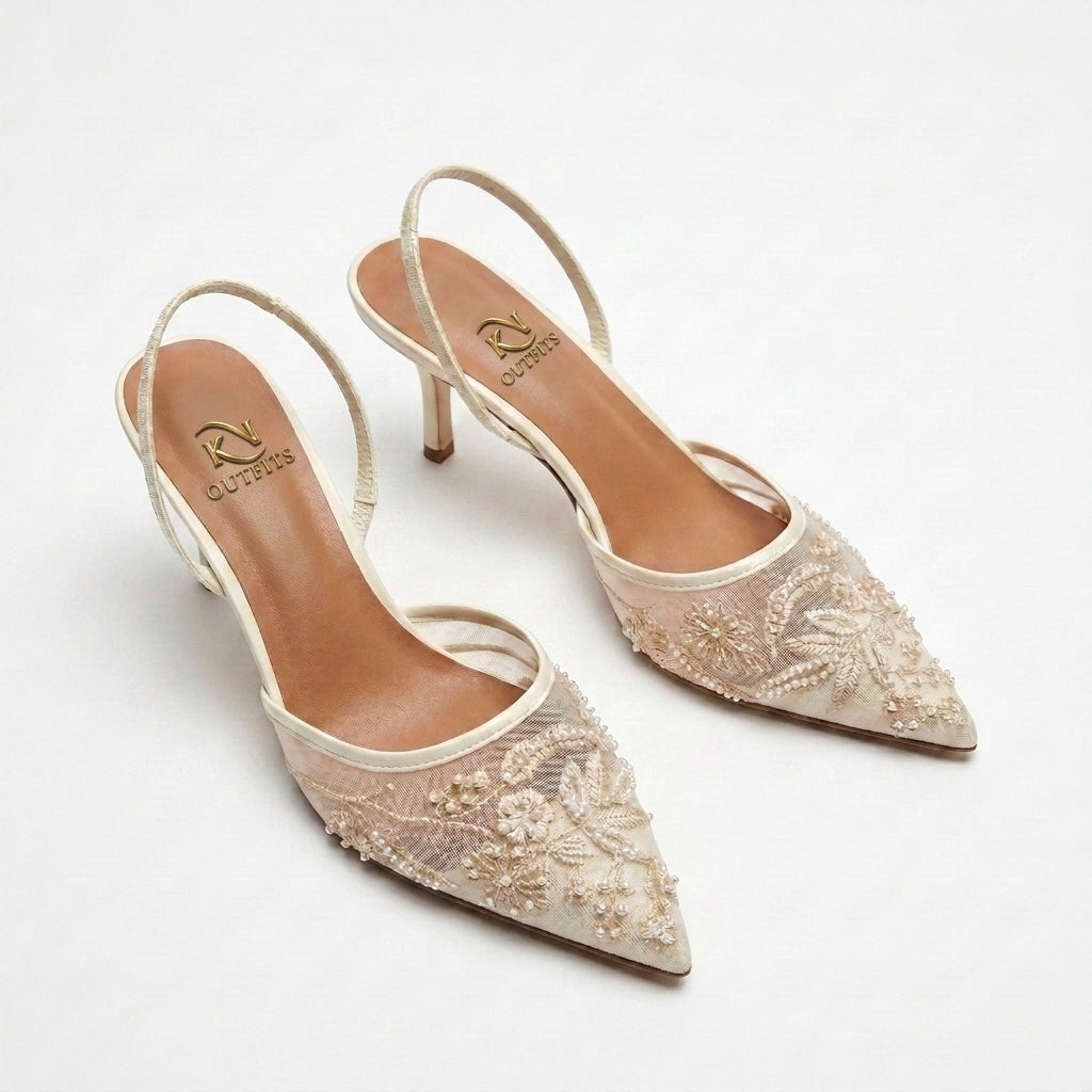 Flora Beaded Floral Mesh Slingback Heels