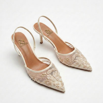 Flora Beaded Floral Mesh Slingback Heels