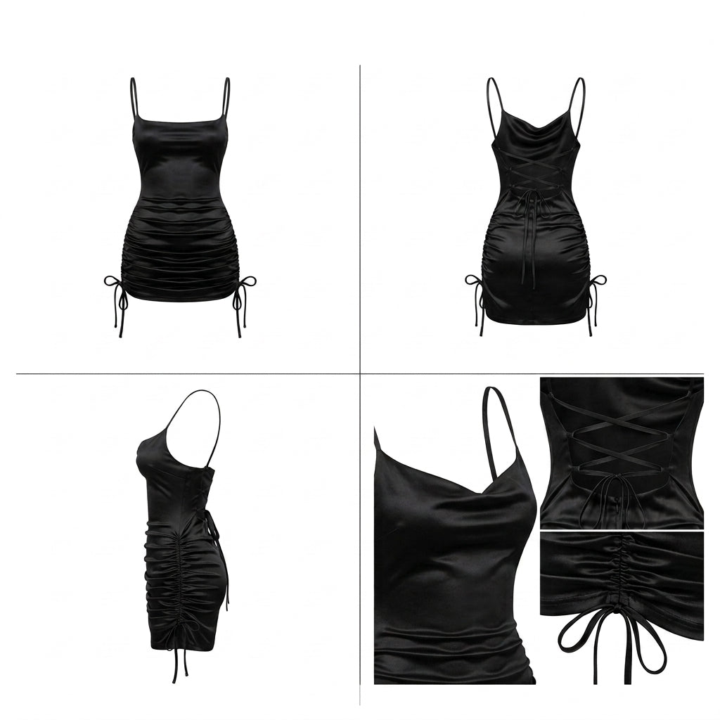 Satin Ruched Side Tie Cocktail Mini Dress