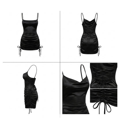 Satin Ruched Side Tie Cocktail Mini Dress