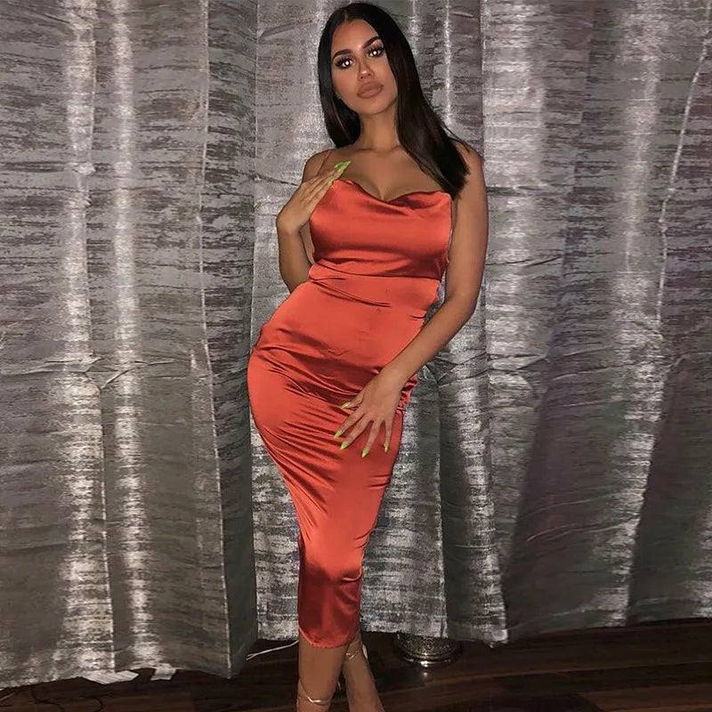 Satin Cowl Neck Backless Bodycon Midi Dress