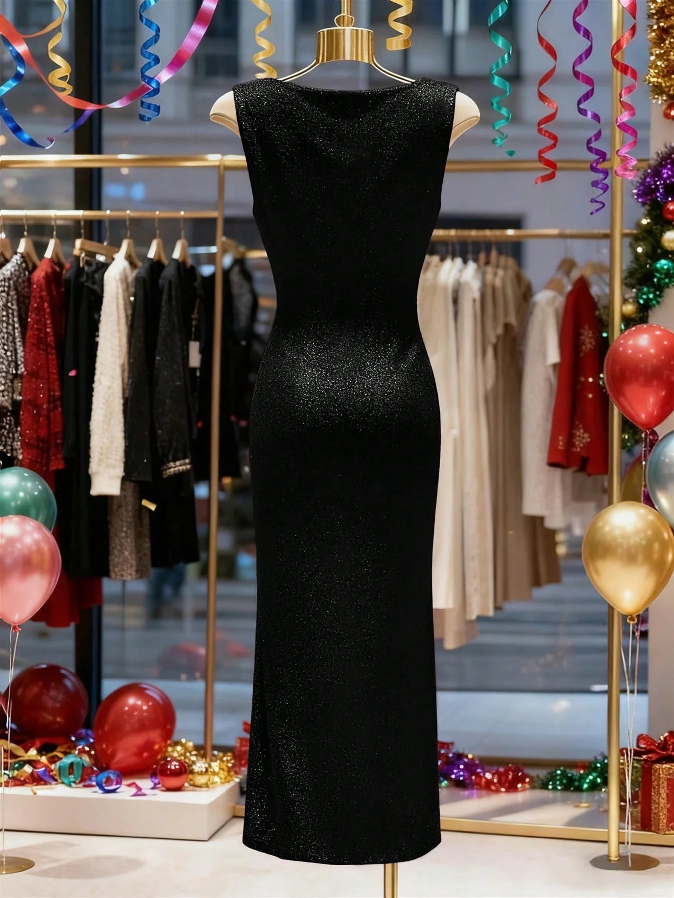 Cowl Neck Sleeveless Glitter Ruched Side Slit Maxi Dress