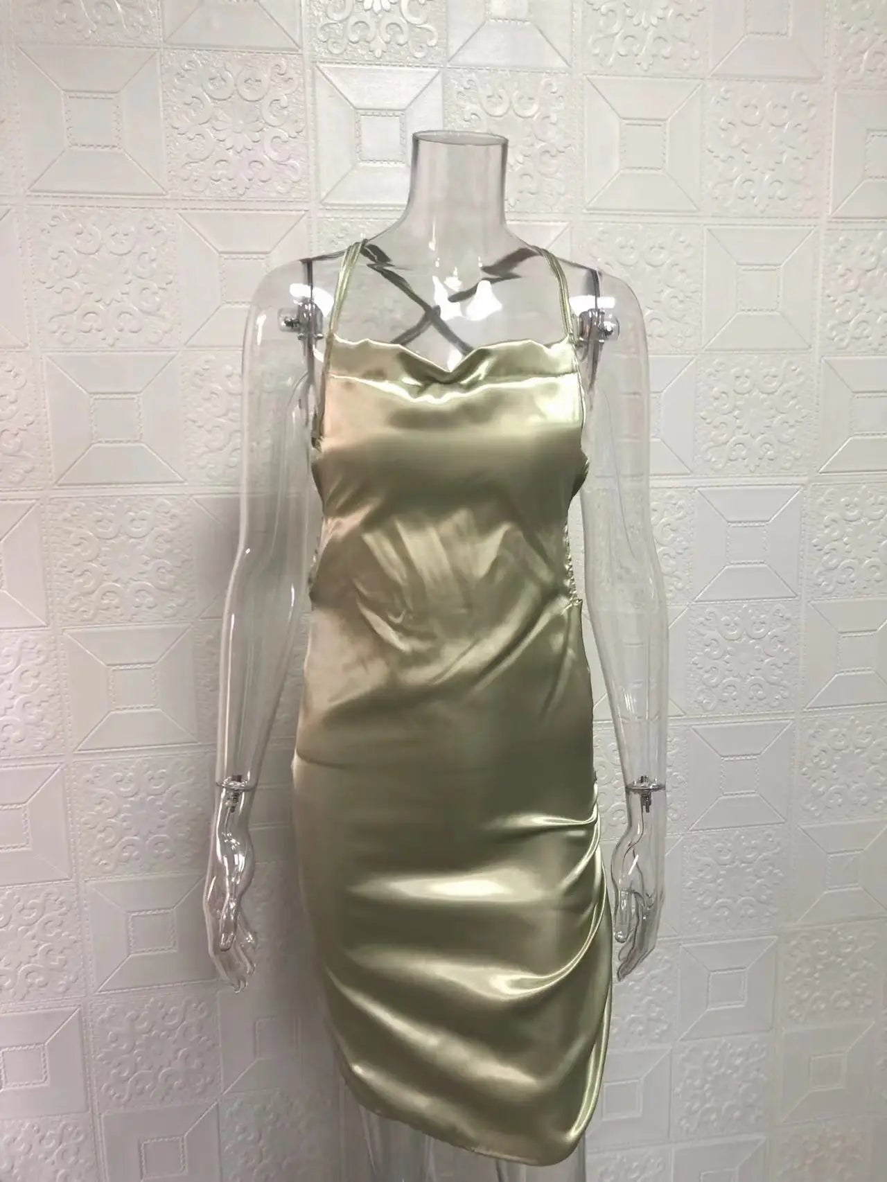 Satin Cowl Neck Ruched Side Slit Mini Dress