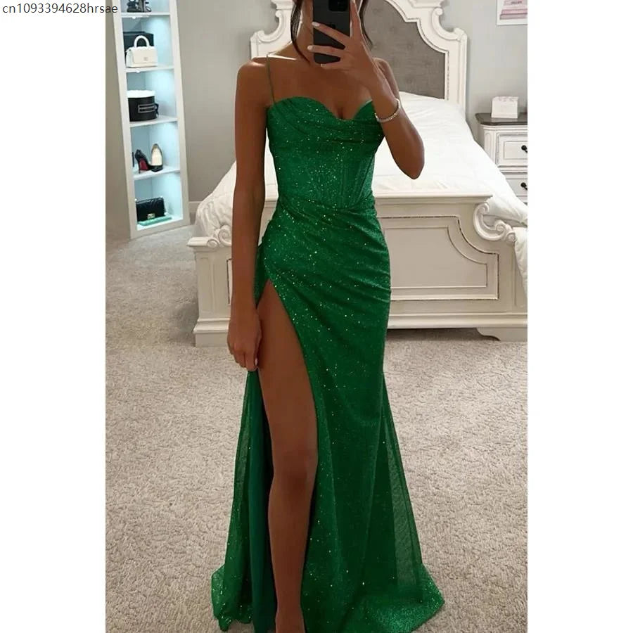 Spaghetti Strap Cowl Neck Corset Glitter High Slit Maxi Dress