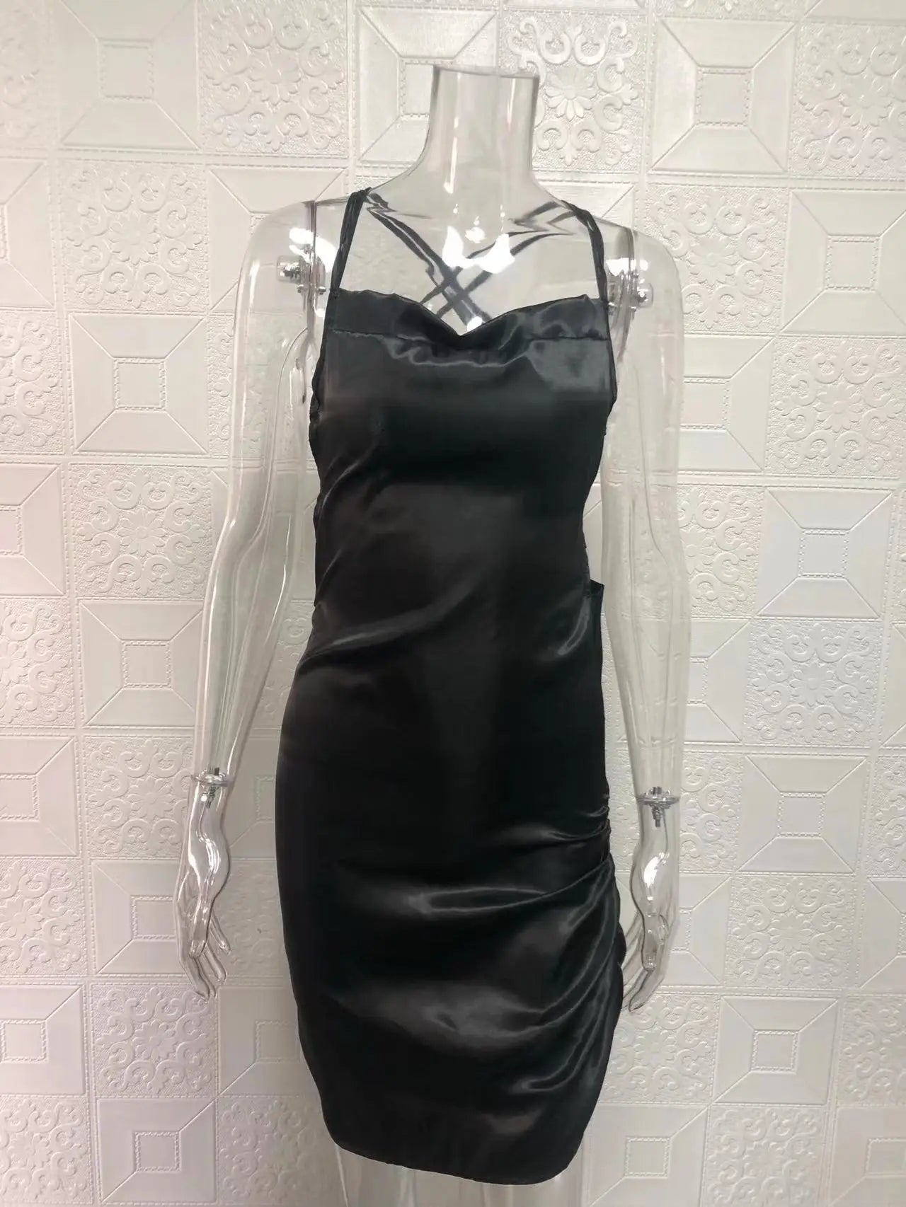 Satin Cowl Neck Ruched Side Slit Mini Dress