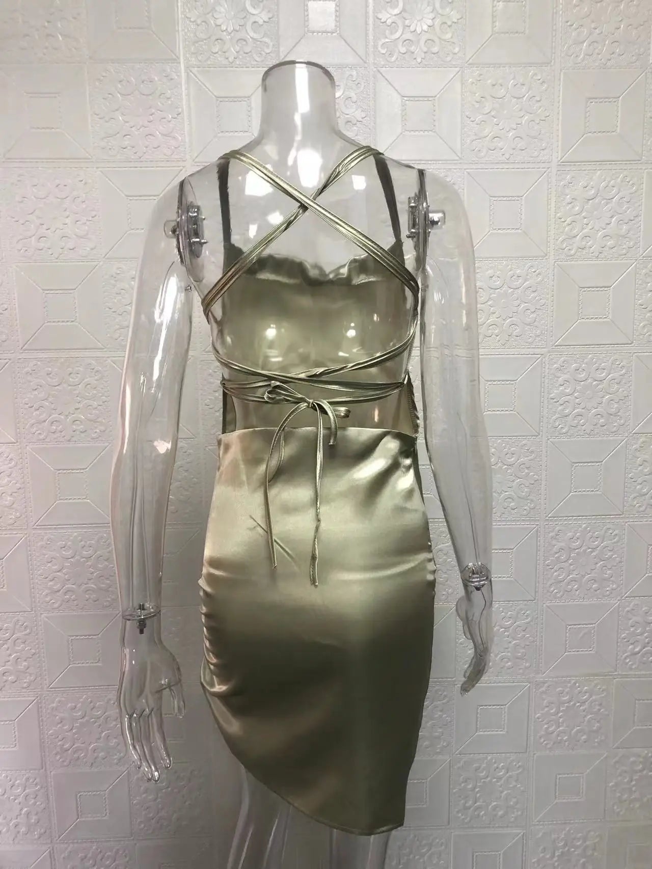 Satin Cowl Neck Ruched Side Slit Mini Dress