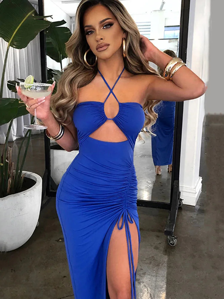 Halter Neck Cutout Ruched Side Slit Midi Dress