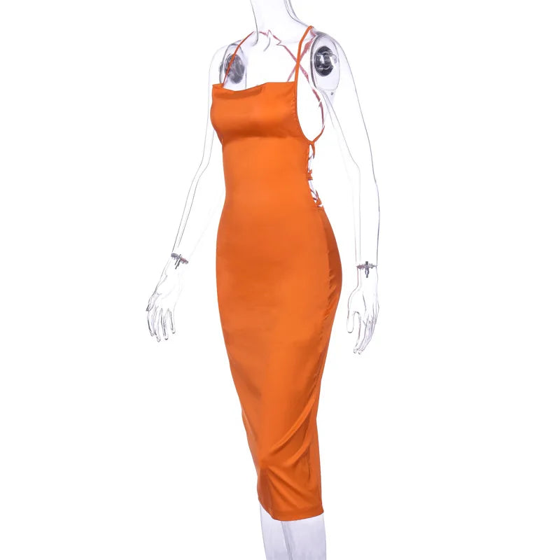 Satin Cowl Neck Backless Bodycon Midi Dress
