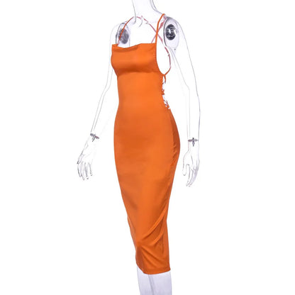 Satin Cowl Neck Backless Bodycon Midi Dress