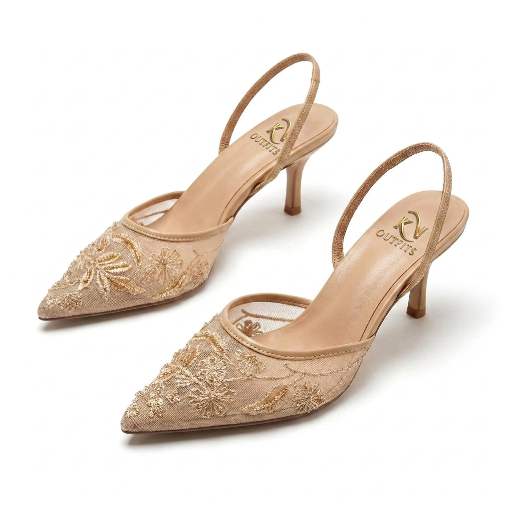 Flora Beaded Floral Mesh Slingback Heels