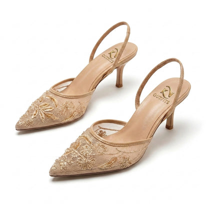 Flora Beaded Floral Mesh Slingback Heels