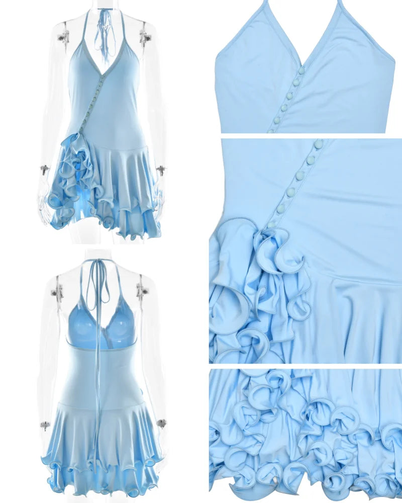 Long Sleeve Scoop Neck Button Detailed Ruffle Mini Dress