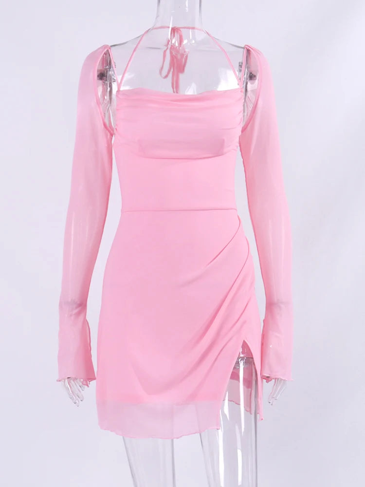Cowl Neck Halter Mini Dress with Mesh Long Sleeves