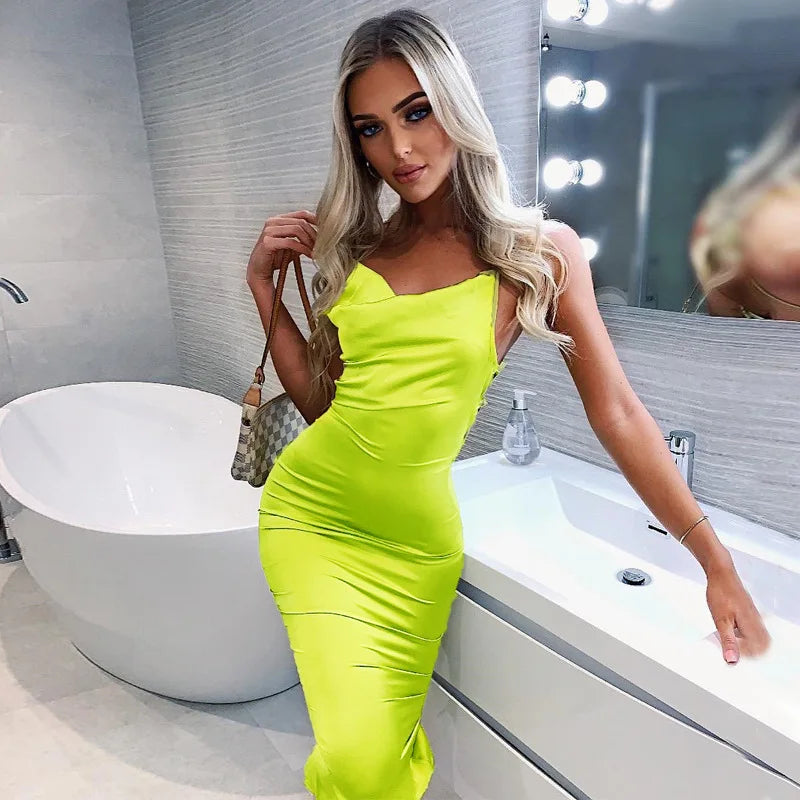 Satin Cowl Neck Backless Bodycon Midi Dress