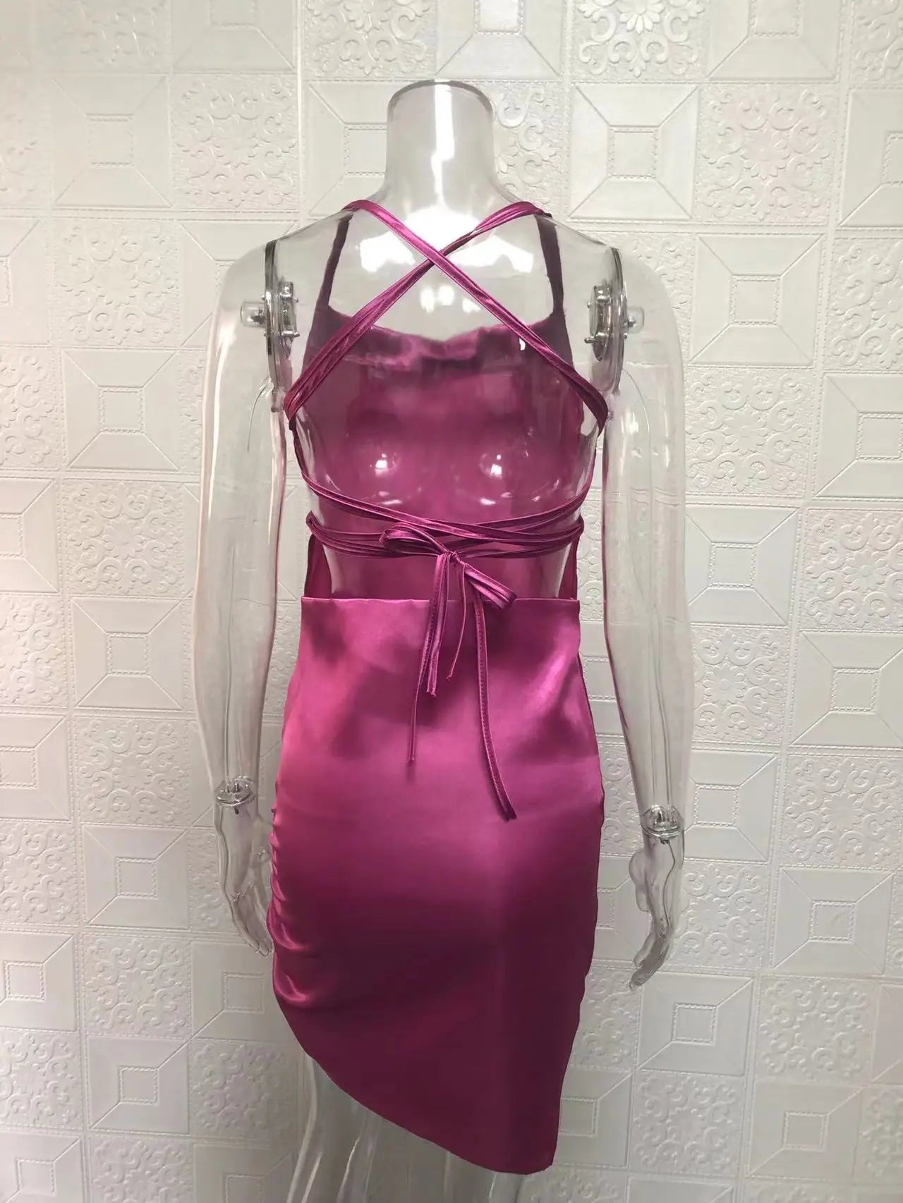 Satin Cowl Neck Ruched Side Slit Mini Dress